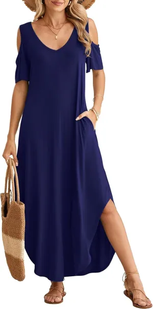 BELAROI Plus Size Maxi Dress for Curvy Women Summer Casual Cold Shoulder V Neck Pockets Beach Coverup Vacation Loose Sundress