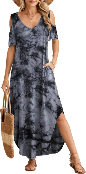 BELAROI Plus Size Maxi Dress for Curvy Women Summer Casual Cold Shoulder V Neck Pockets Beach Coverup Vacation Loose Sundress