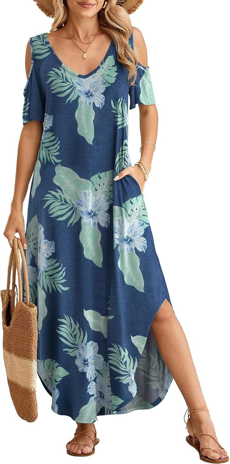 BELAROI Plus Size Maxi Dress for Curvy Women Summer Casual Cold Shoulder V Neck Pockets Beach Coverup Vacation Loose Sundress