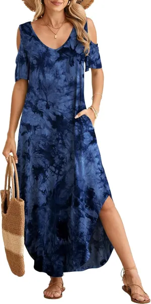 BELAROI Plus Size Maxi Dress for Curvy Women Summer Casual Cold Shoulder V Neck Pockets Beach Coverup Vacation Loose Sundress
