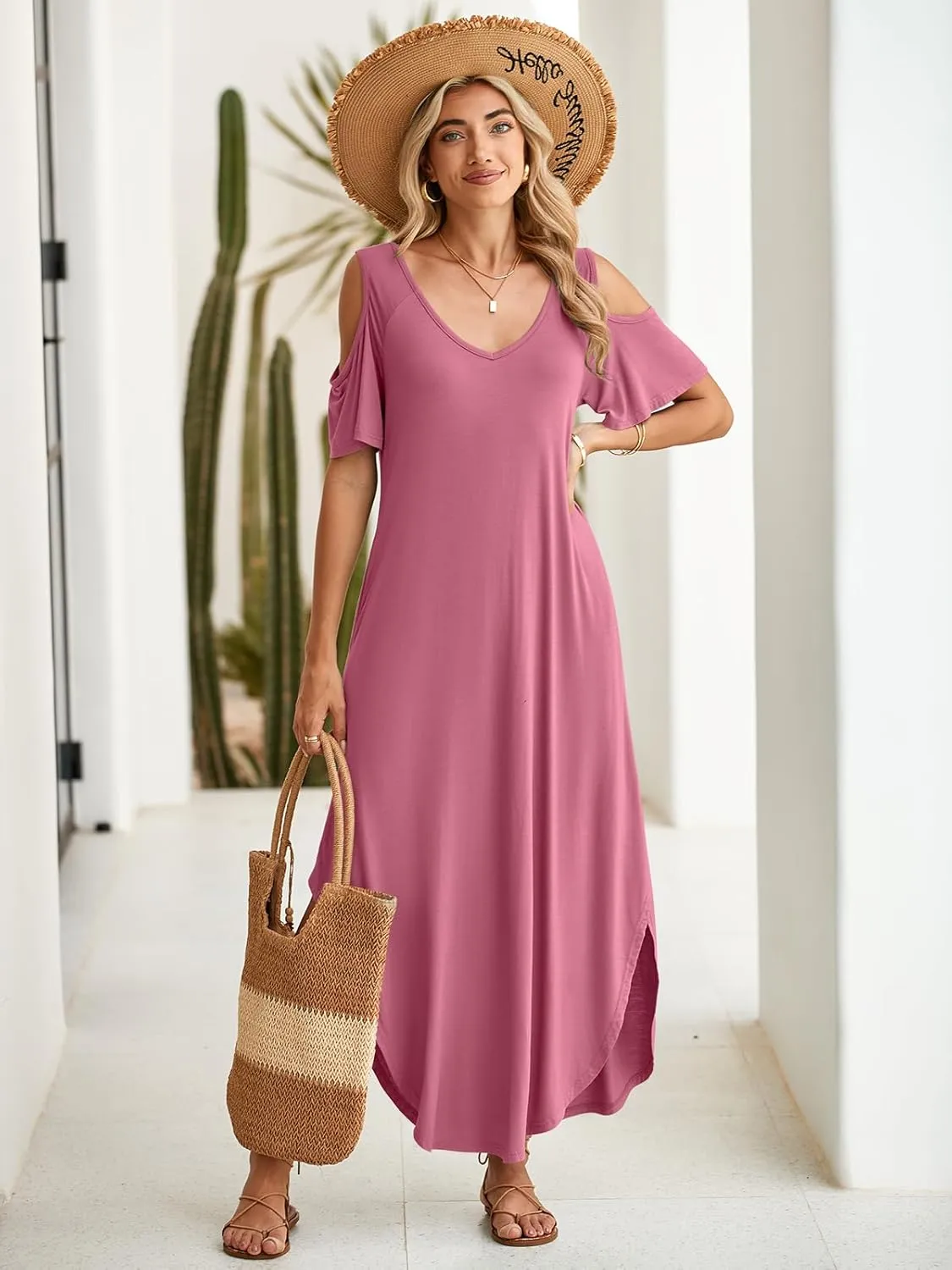 BELAROI Plus Size Maxi Dress for Curvy Women Summer Casual Cold Shoulder V Neck Pockets Beach Coverup Vacation Loose Sundress