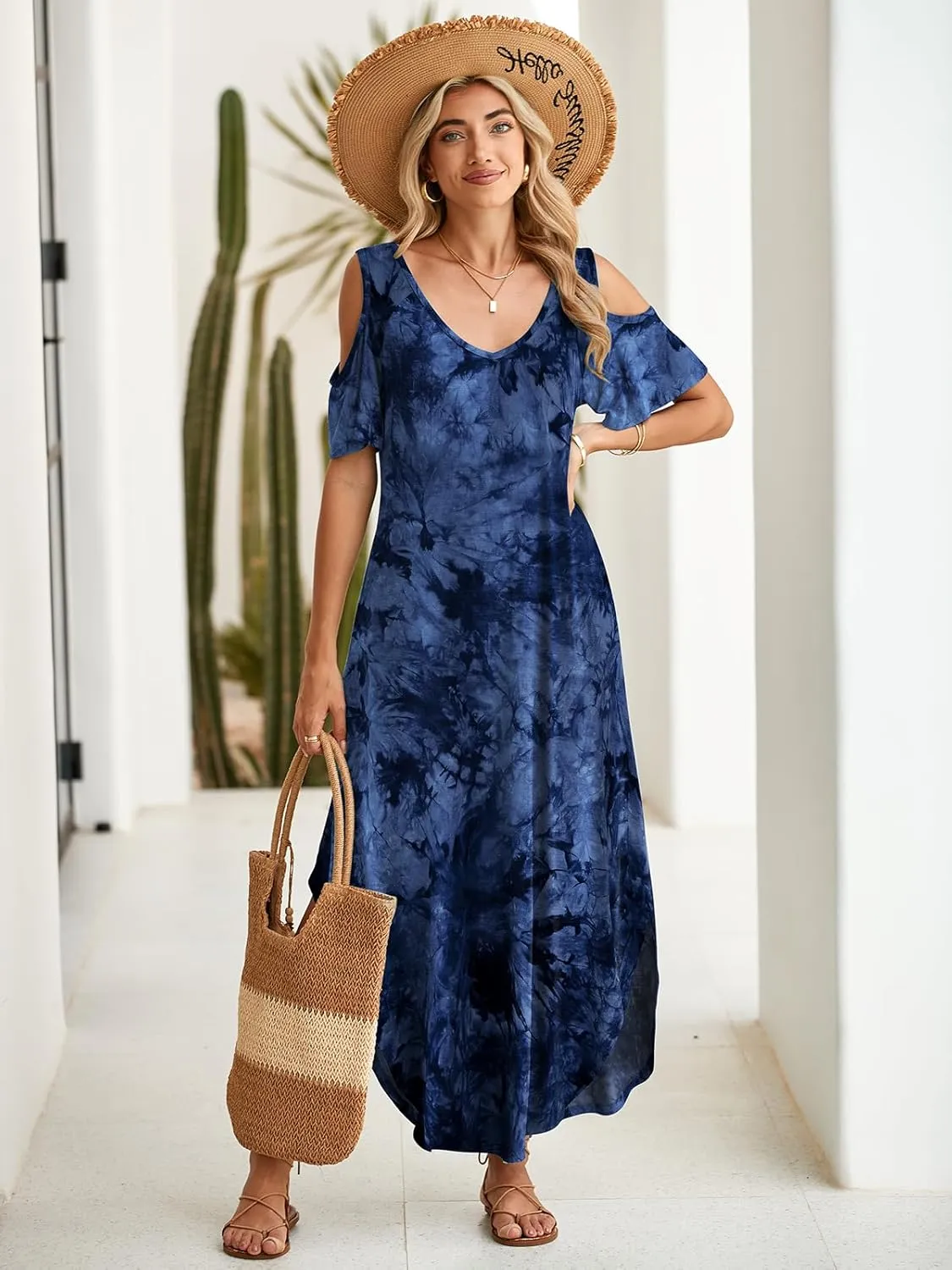BELAROI Plus Size Maxi Dress for Curvy Women Summer Casual Cold Shoulder V Neck Pockets Beach Coverup Vacation Loose Sundress