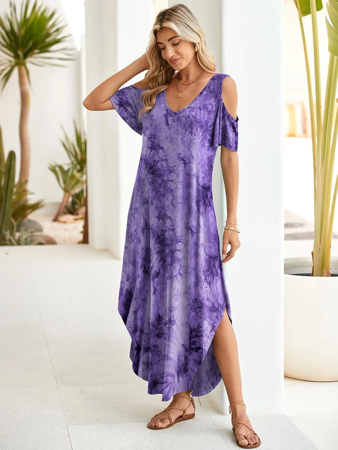 BELAROI Plus Size Maxi Dress for Curvy Women Summer Casual Cold Shoulder V Neck Pockets Beach Coverup Vacation Loose Sundress