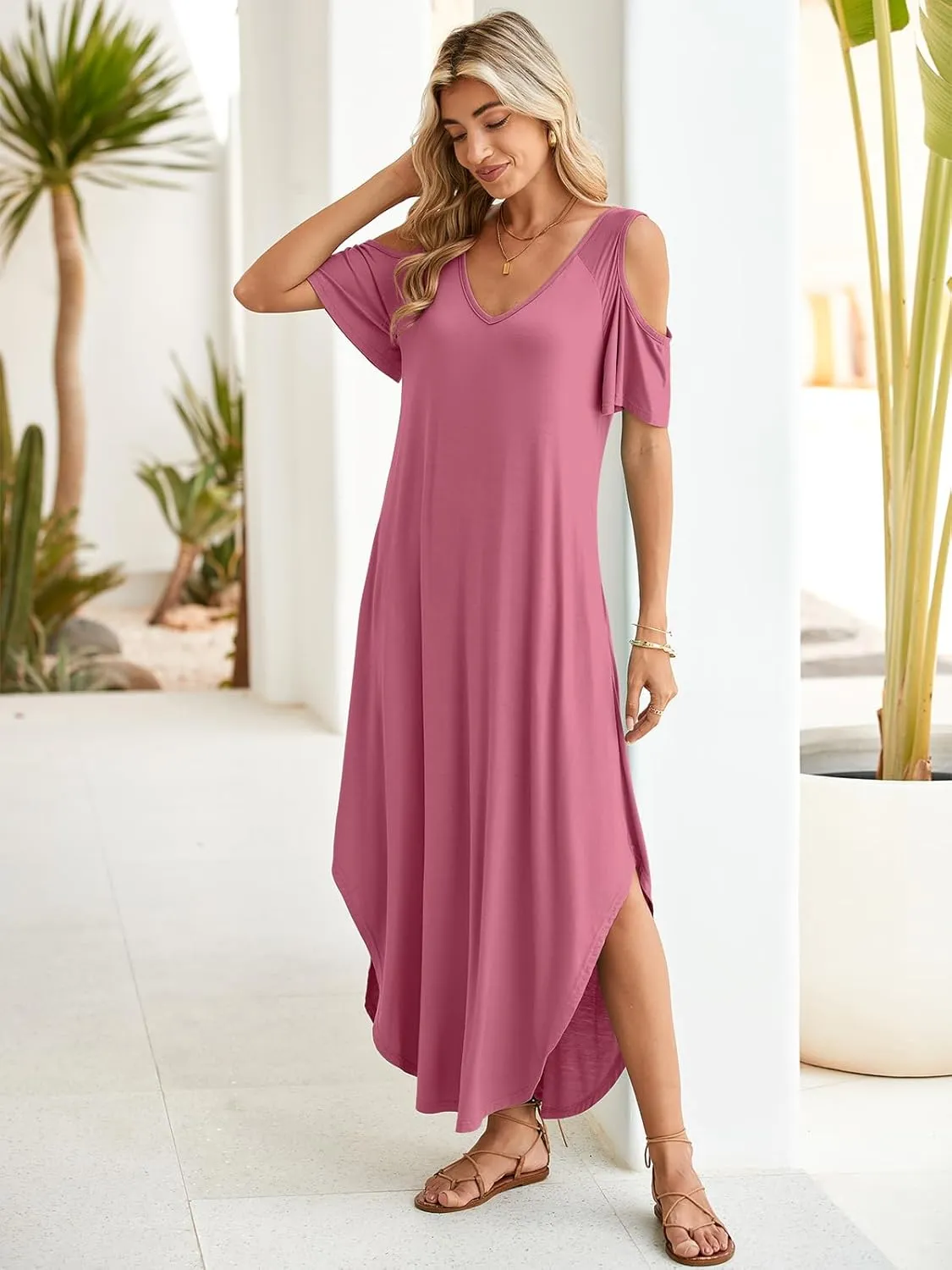 BELAROI Plus Size Maxi Dress for Curvy Women Summer Casual Cold Shoulder V Neck Pockets Beach Coverup Vacation Loose Sundress