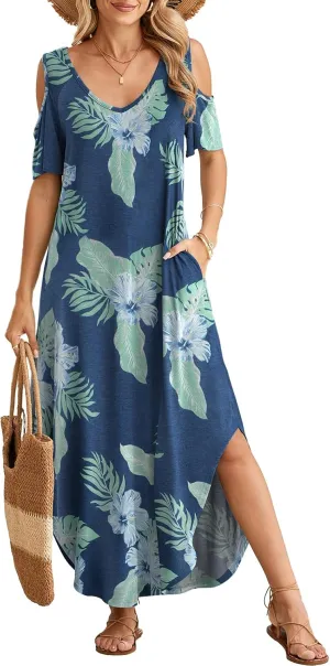 BELAROI Plus Size Maxi Dress for Curvy Women Summer Casual Cold Shoulder V Neck Pockets Beach Coverup Vacation Loose Sundress