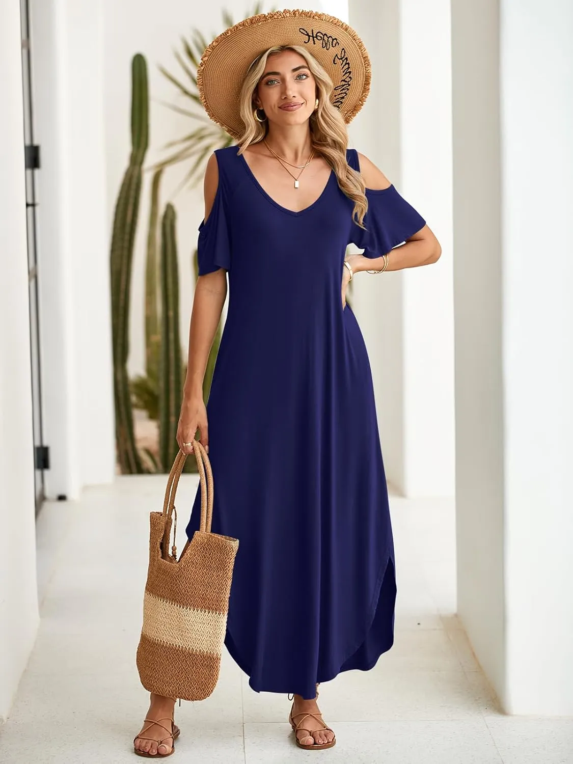 BELAROI Plus Size Maxi Dress for Curvy Women Summer Casual Cold Shoulder V Neck Pockets Beach Coverup Vacation Loose Sundress