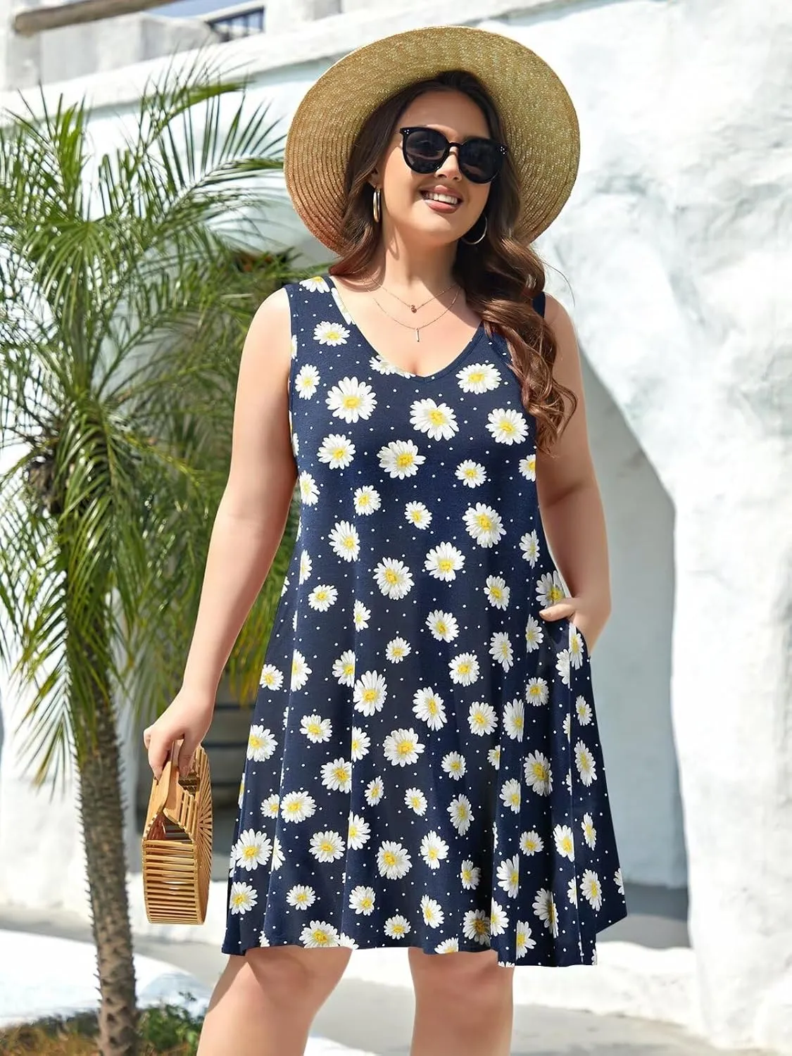 BELAROI Women Casual Summer Beach Dresses Plus Size Sundress V Neck Pockets Swing Tank Dress Cover Ups