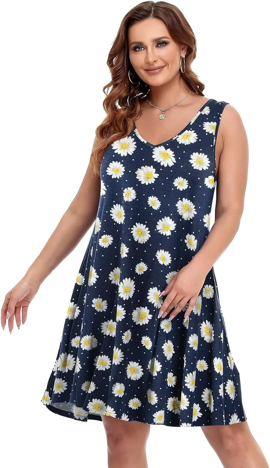 BELAROI Women Casual Summer Beach Dresses Plus Size Sundress V Neck Pockets Swing Tank Dress Cover Ups