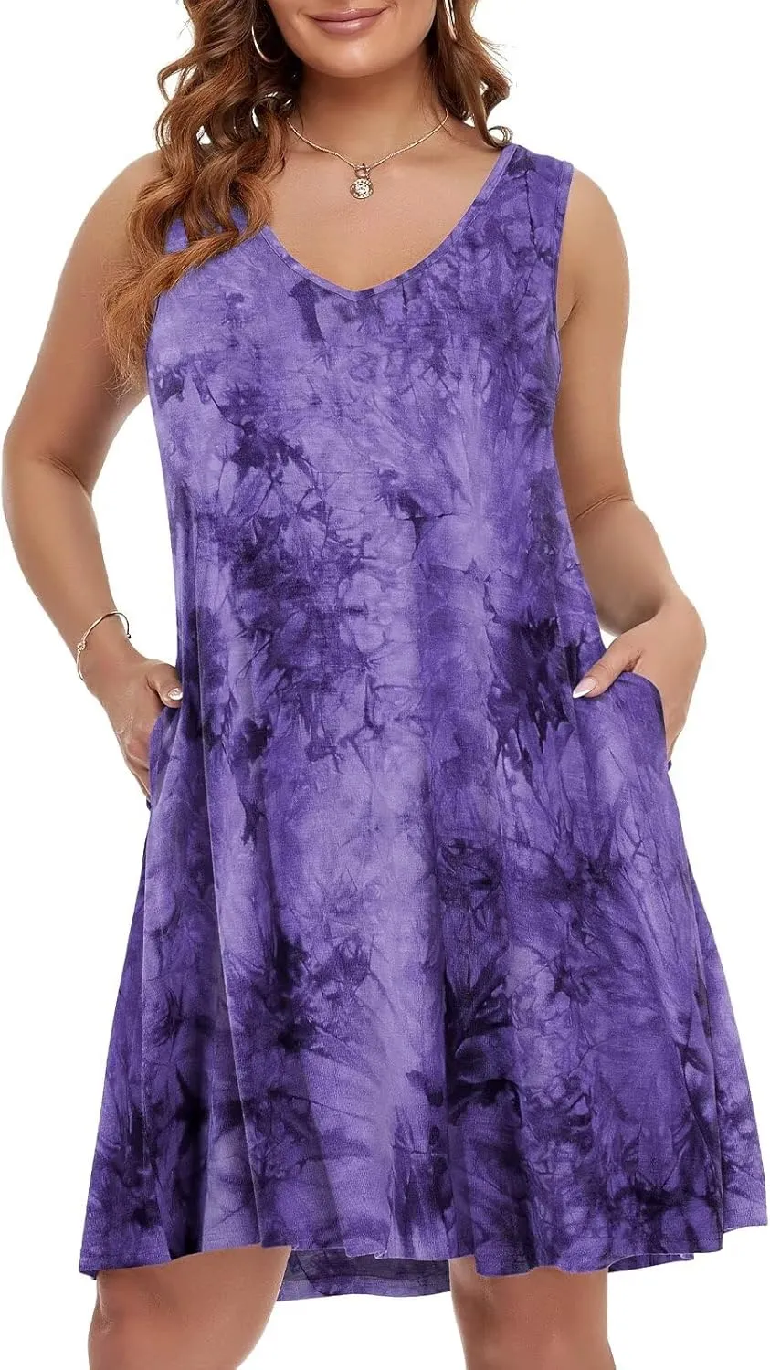 BELAROI Women Casual Summer Beach Dresses Plus Size Sundress V Neck Pockets Swing Tank Dress Cover Ups