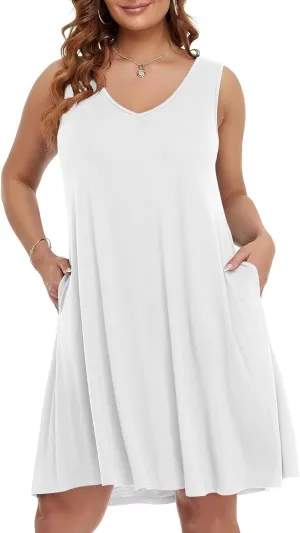 BELAROI Women Casual Summer Beach Dresses Plus Size Sundress V Neck Pockets Swing Tank Dress Cover Ups