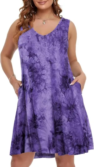 BELAROI Women Casual Summer Beach Dresses Plus Size Sundress V Neck Pockets Swing Tank Dress Cover Ups
