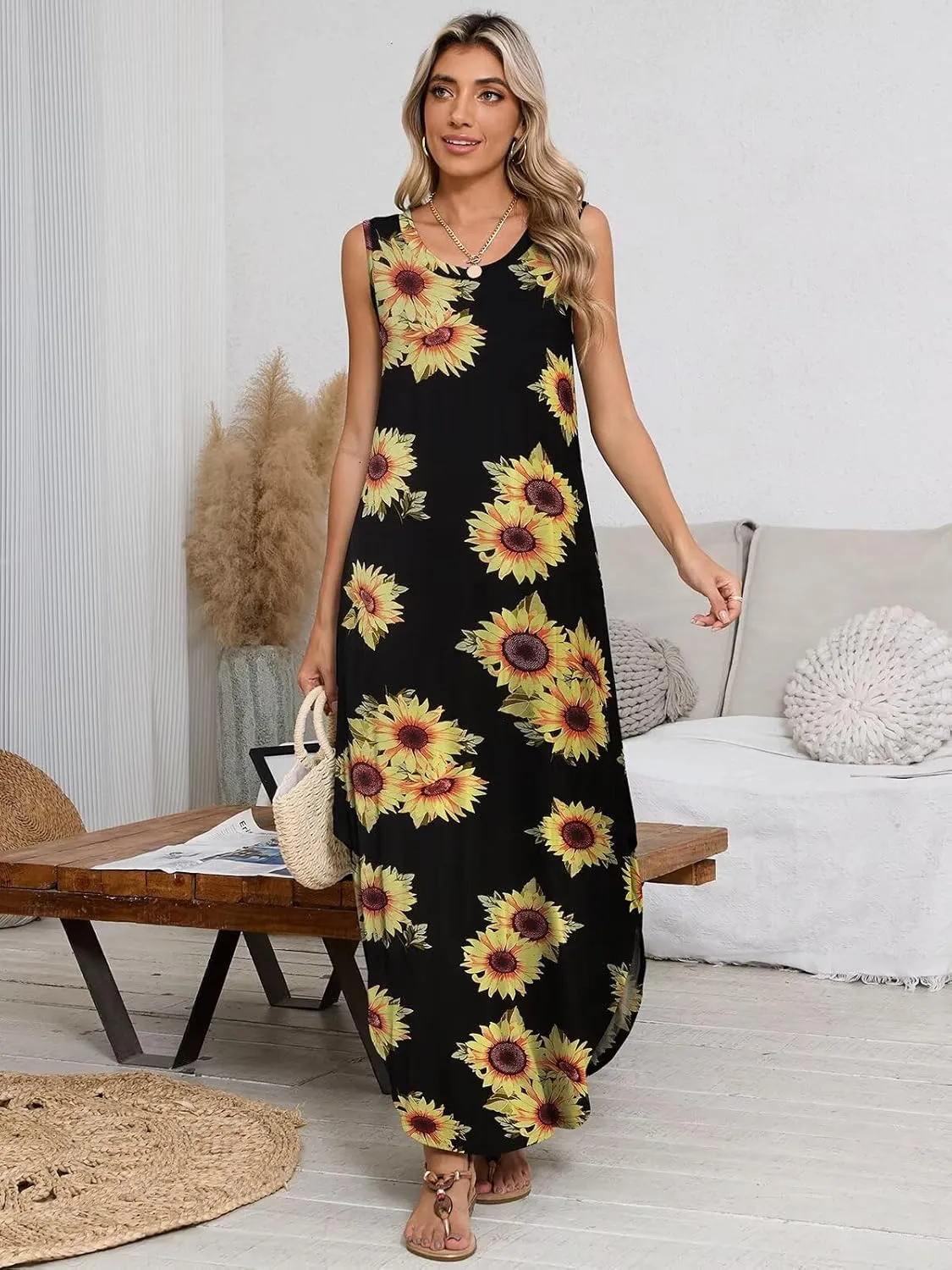 BELAROI Womens Plus Size Maxi Dress Sundress Summer Casual Sleeveless Scoop Neck Pockets Beach Swimsuit Coverup Loose Outfits