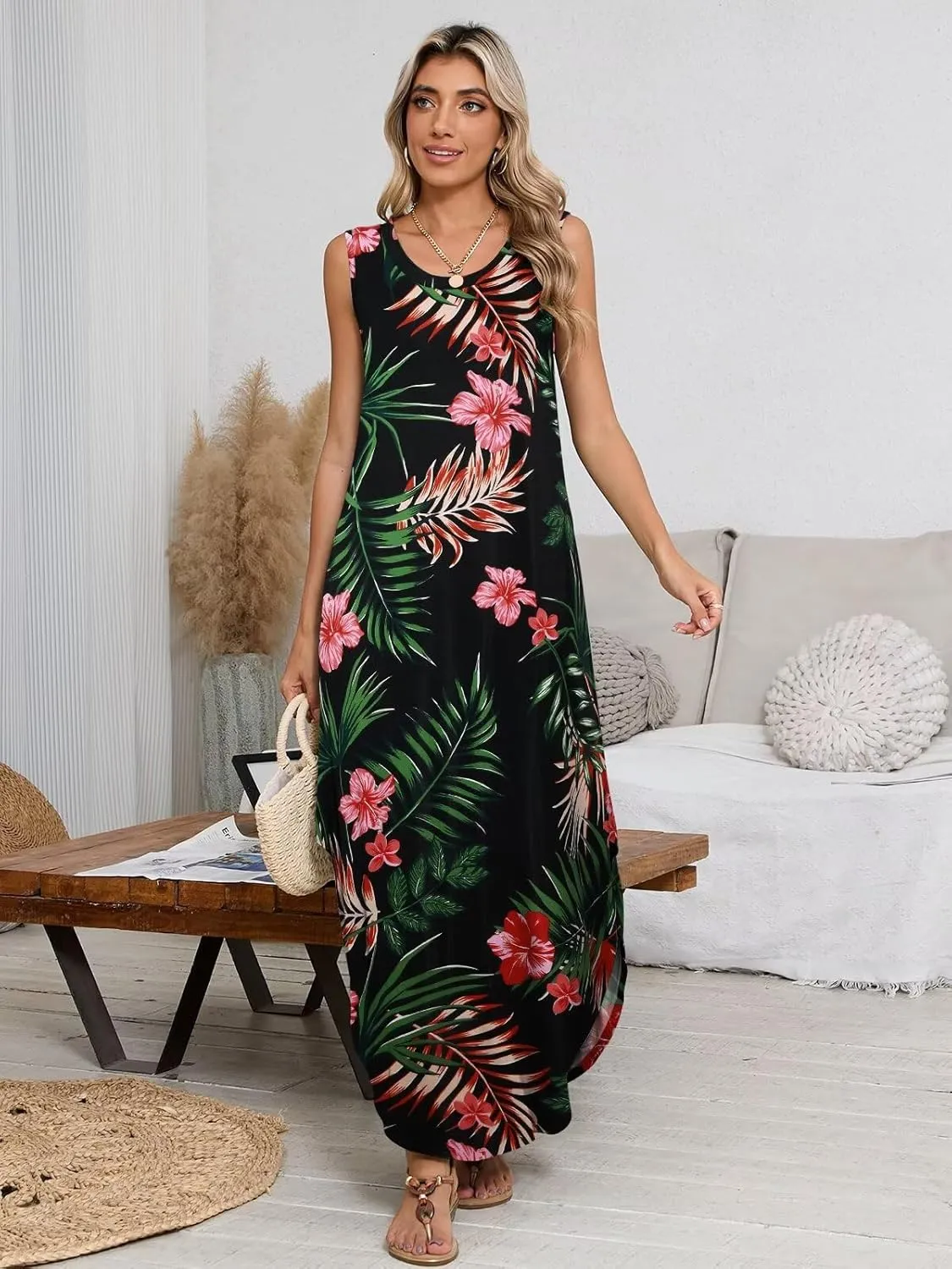 BELAROI Womens Plus Size Maxi Dress Sundress Summer Casual Sleeveless Scoop Neck Pockets Beach Swimsuit Coverup Loose Outfits