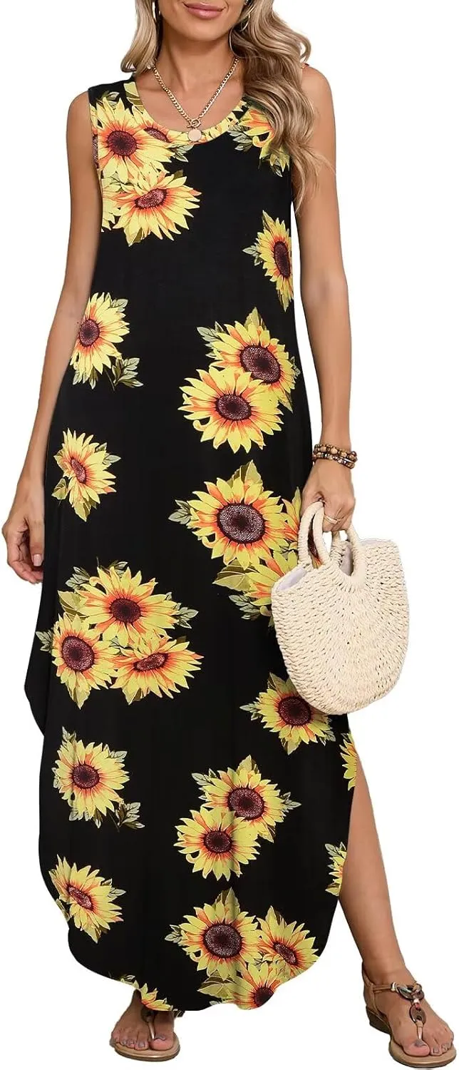 BELAROI Womens Plus Size Maxi Dress Sundress Summer Casual Sleeveless Scoop Neck Pockets Beach Swimsuit Coverup Loose Outfits