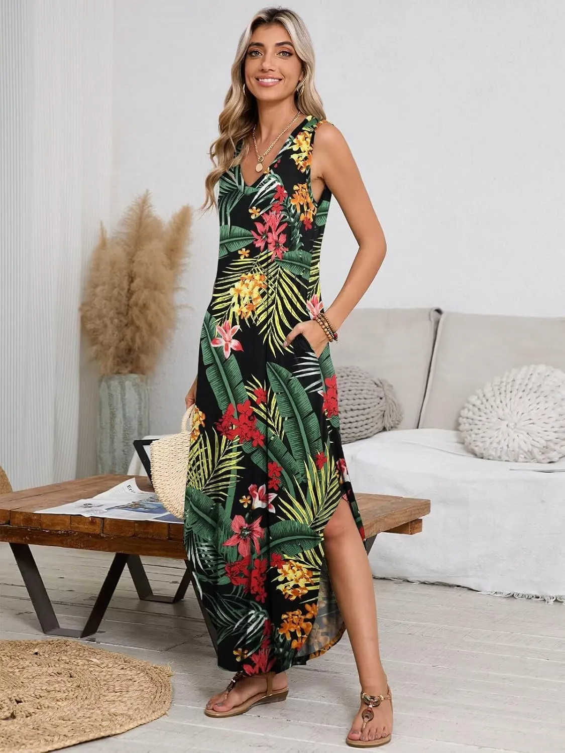 BELAROI Womens Plus Size Maxi Dress Sundress Summer Casual Sleeveless V Neck Pockets Beach Swimsuit Coverup Loose