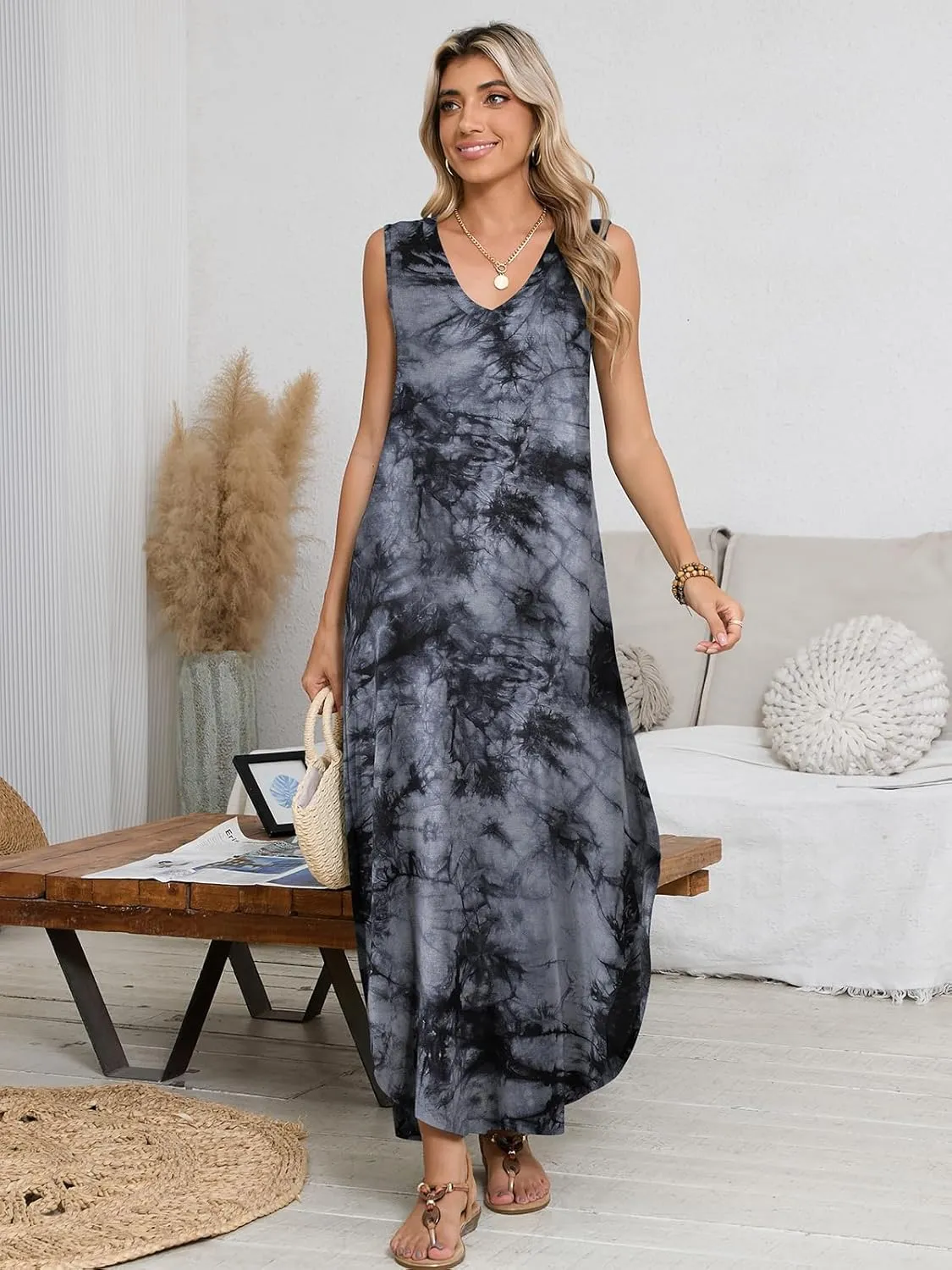 BELAROI Womens Plus Size Maxi Dress Sundress Summer Casual Sleeveless V Neck Pockets Beach Swimsuit Coverup Loose