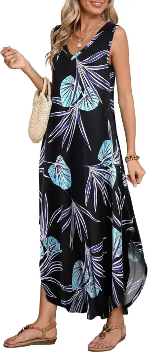 BELAROI Womens Plus Size Maxi Dress Sundress Summer Casual Sleeveless V Neck Pockets Beach Swimsuit Coverup Loose