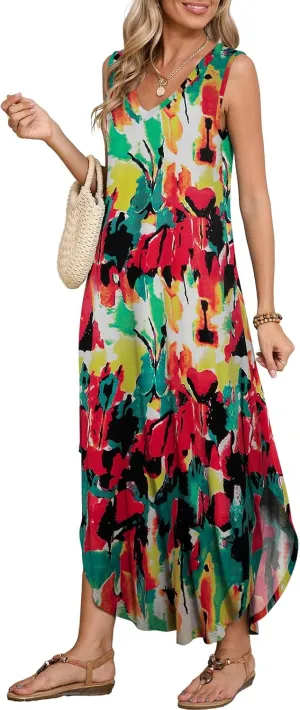 BELAROI Womens Plus Size Maxi Dress Sundress Summer Casual Sleeveless V Neck Pockets Beach Swimsuit Coverup Loose