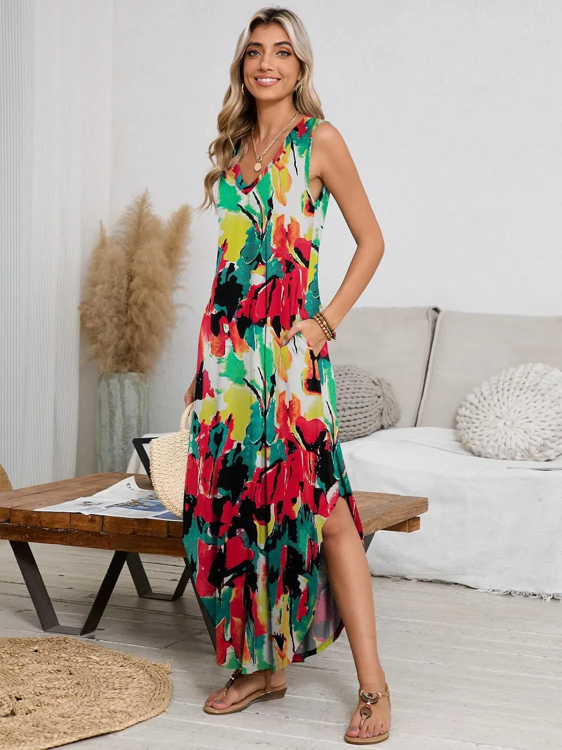 BELAROI Womens Plus Size Maxi Dress Sundress Summer Casual Sleeveless V Neck Pockets Beach Swimsuit Coverup Loose