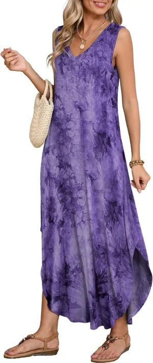 BELAROI Womens Plus Size Maxi Dress Sundress Summer Casual Sleeveless V Neck Pockets Beach Swimsuit Coverup Loose