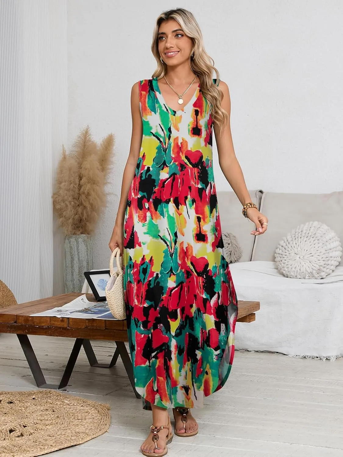 BELAROI Womens Plus Size Maxi Dress Sundress Summer Casual Sleeveless V Neck Pockets Beach Swimsuit Coverup Loose