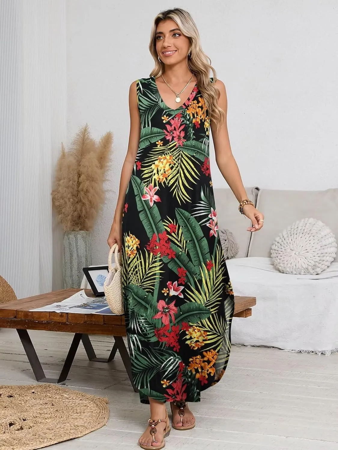 BELAROI Womens Plus Size Maxi Dress Sundress Summer Casual Sleeveless V Neck Pockets Beach Swimsuit Coverup Loose