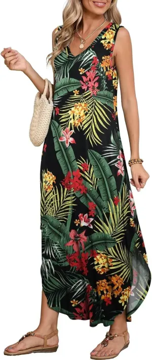 BELAROI Womens Plus Size Maxi Dress Sundress Summer Casual Sleeveless V Neck Pockets Beach Swimsuit Coverup Loose