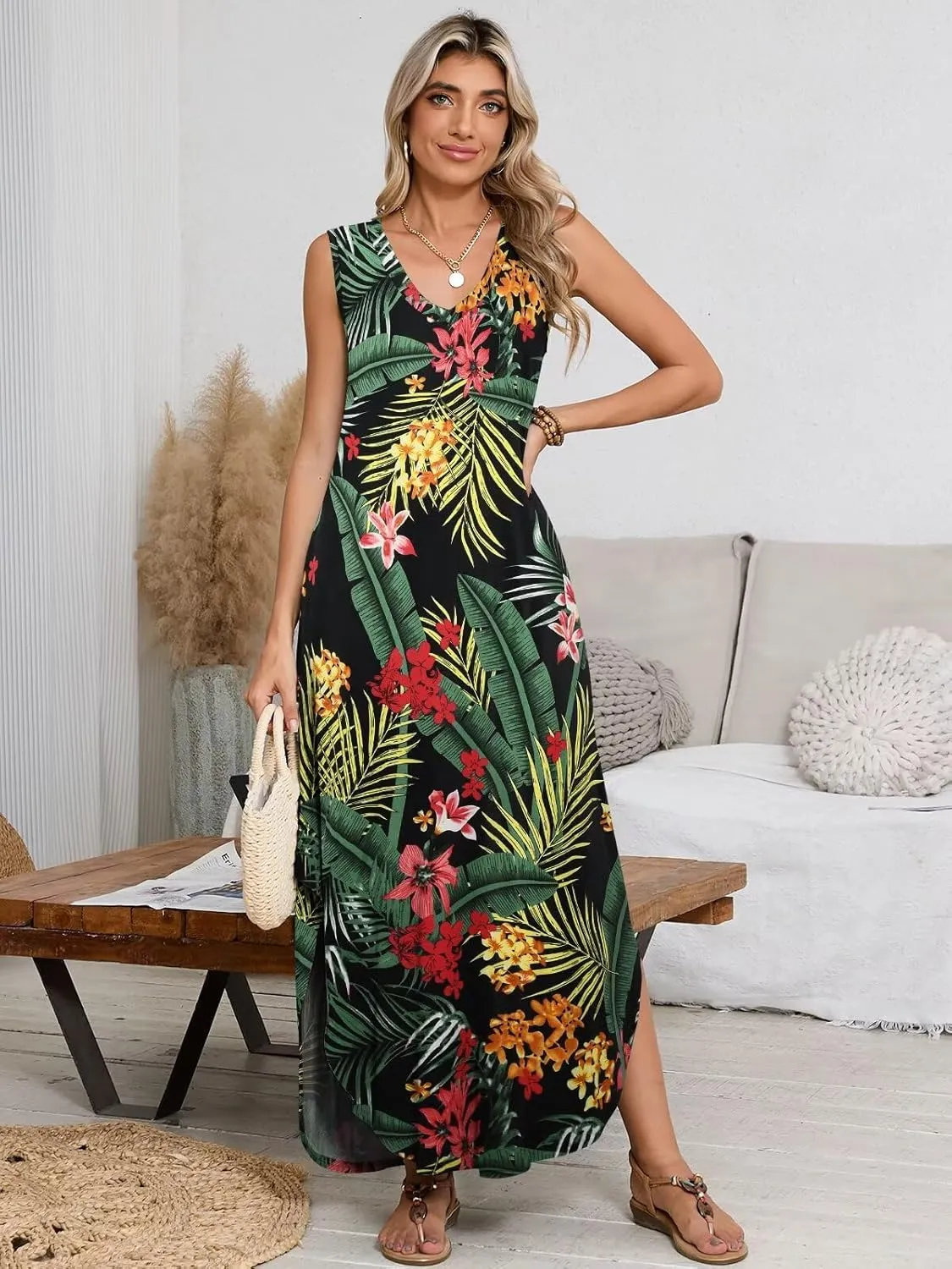 BELAROI Womens Plus Size Maxi Dress Sundress Summer Casual Sleeveless V Neck Pockets Beach Swimsuit Coverup Loose