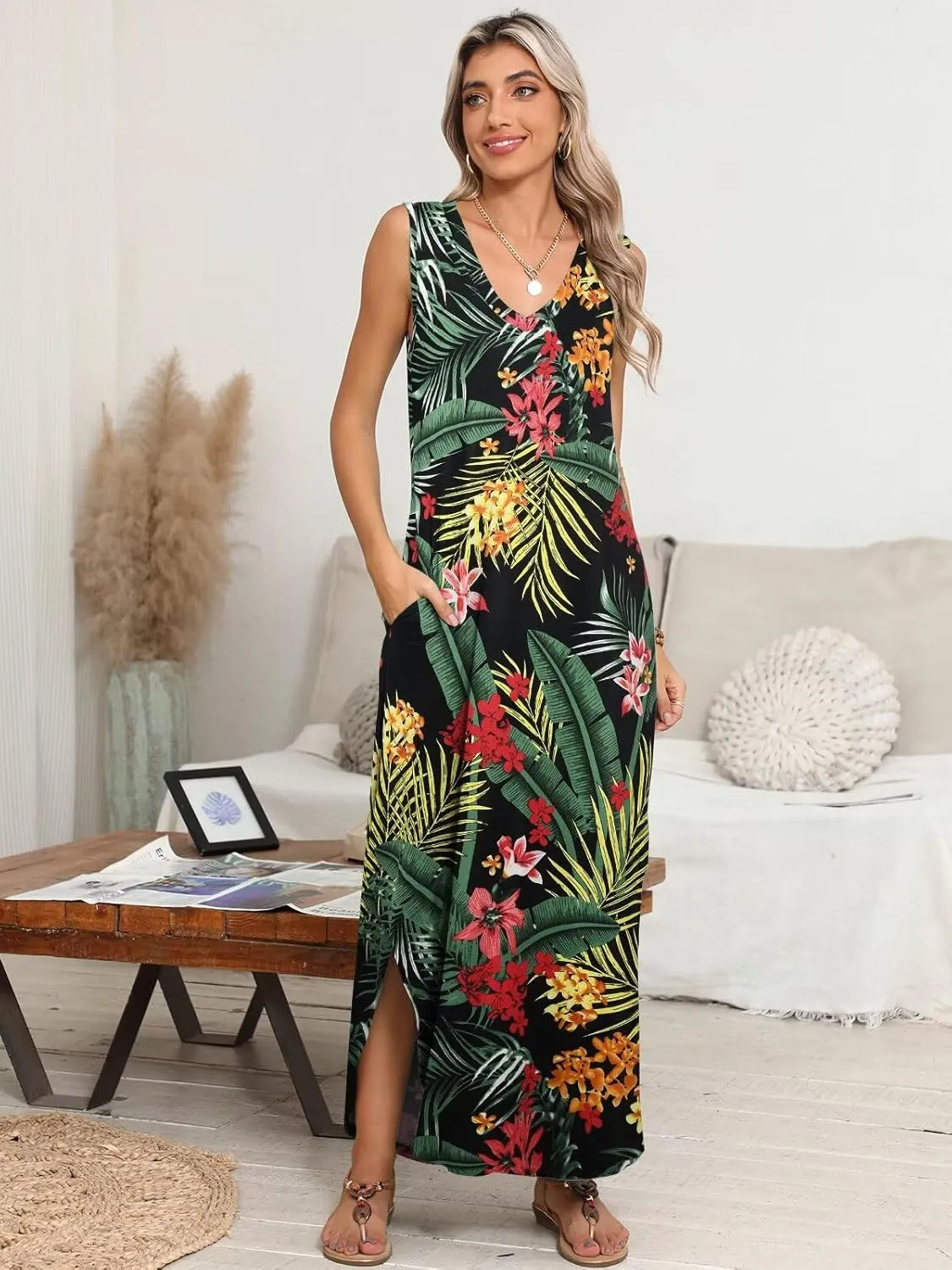 BELAROI Womens Plus Size Maxi Dress Sundress Summer Casual Sleeveless V Neck Pockets Beach Swimsuit Coverup Loose