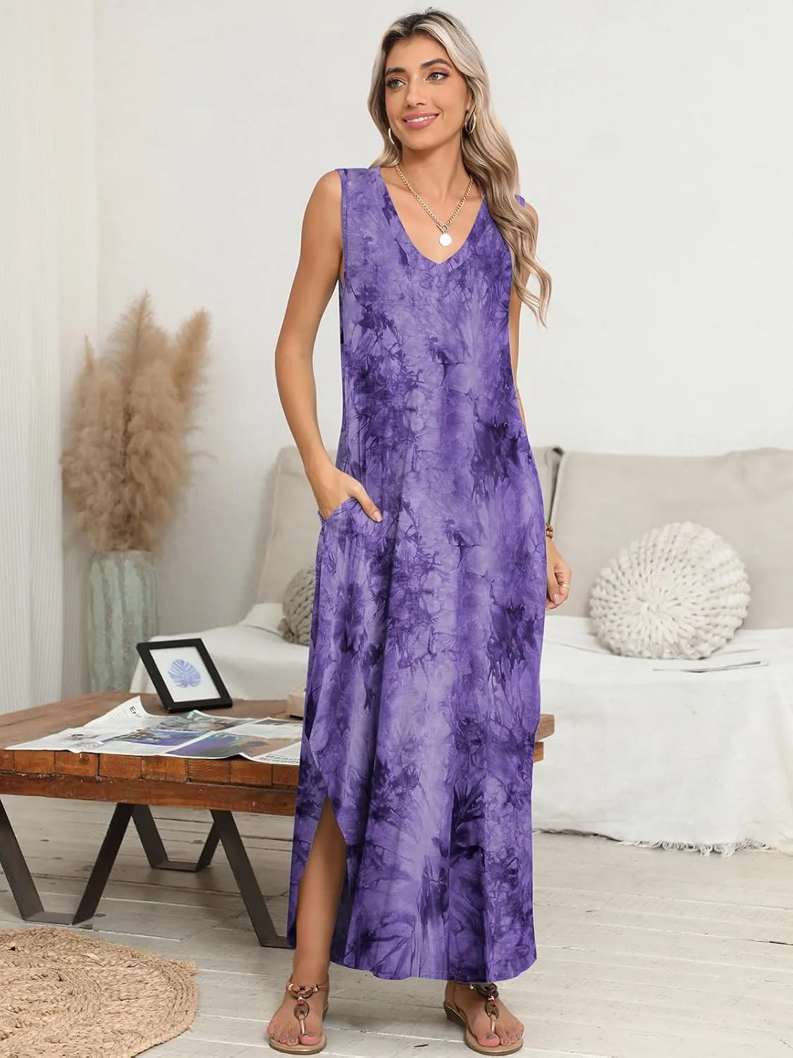 BELAROI Womens Plus Size Maxi Dress Sundress Summer Casual Sleeveless V Neck Pockets Beach Swimsuit Coverup Loose