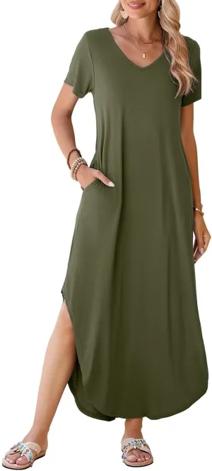 BELAROI Womens Plus Size Maxi Dresses Summer T Shirt Dress Casual V Neck Short Sleeve Long Dress Loose Fit Pockets Split