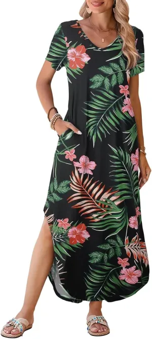 BELAROI Womens Plus Size Maxi Dresses Summer T Shirt Dress Casual V Neck Short Sleeve Long Dress Loose Fit Pockets Split