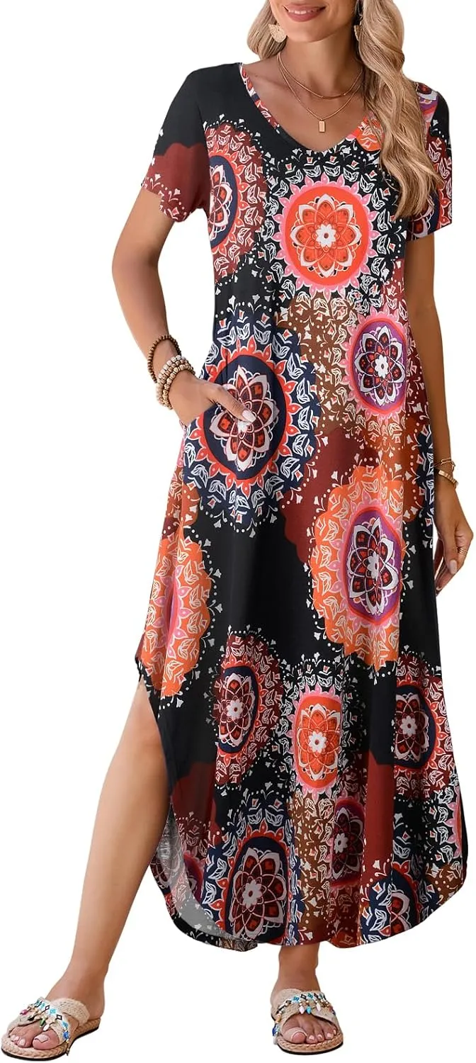 BELAROI Womens Plus Size Maxi Dresses Summer T Shirt Dress Casual V Neck Short Sleeve Long Dress Loose Fit Pockets Split