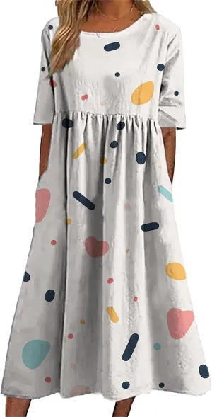Bengbobar Boho Dress for Women Flowy A Line Midi Dresses Casual Summer Plus Size Polka Dot Vacation Tshirt Dress