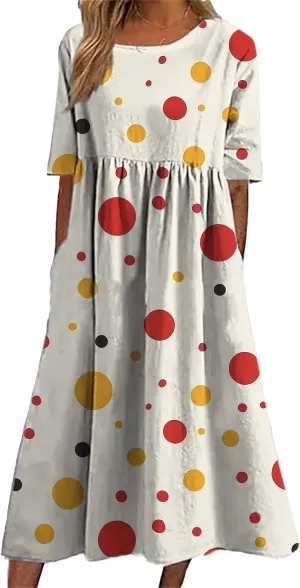 Bengbobar Boho Dress for Women Flowy A Line Midi Dresses Casual Summer Plus Size Polka Dot Vacation Tshirt Dress