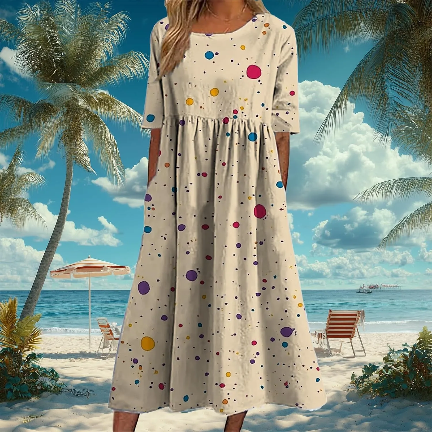 Bengbobar Boho Dress for Women Flowy A Line Midi Dresses Casual Summer Plus Size Polka Dot Vacation Tshirt Dress