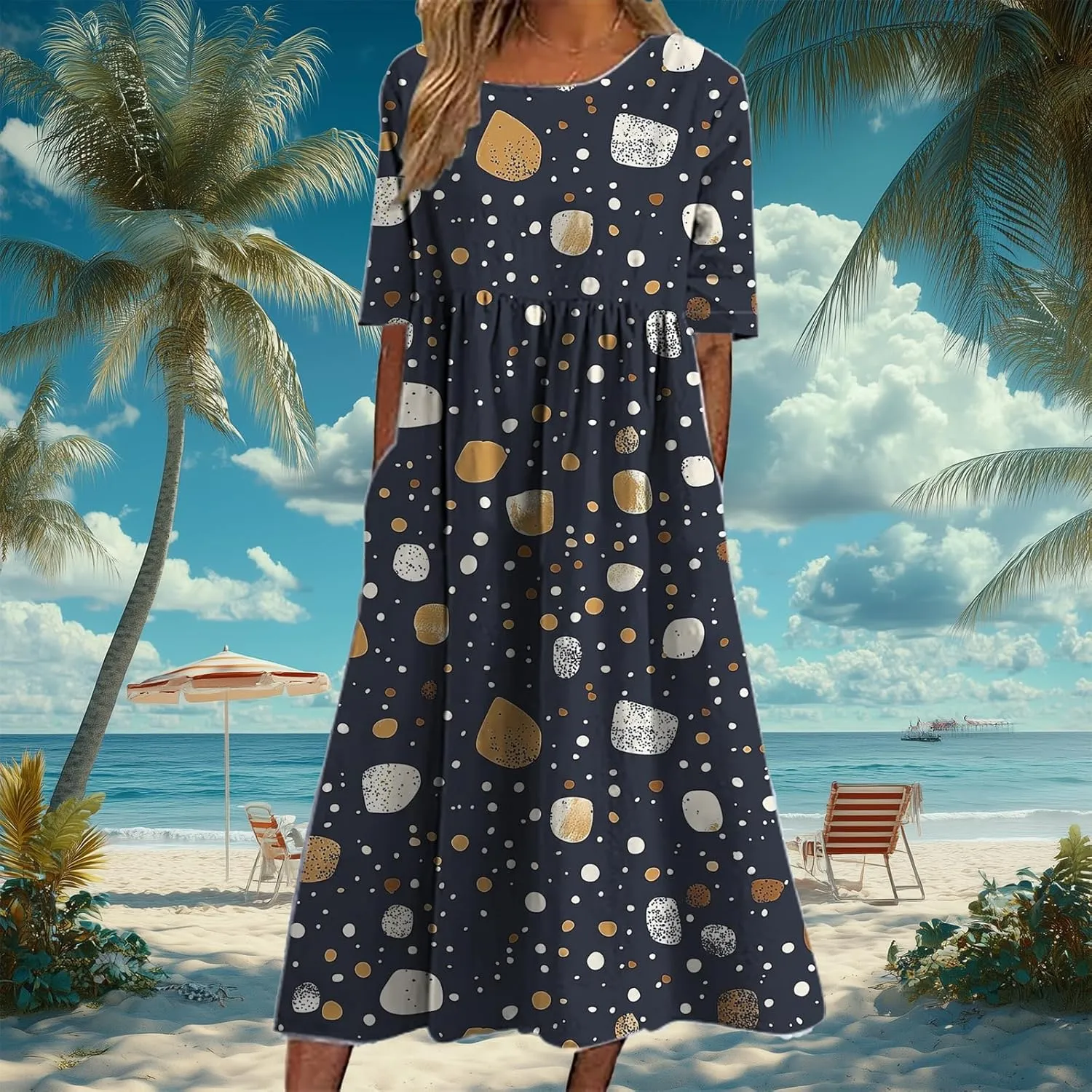 Bengbobar Boho Dress for Women Flowy A Line Midi Dresses Casual Summer Plus Size Polka Dot Vacation Tshirt Dress
