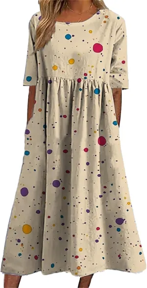 Bengbobar Boho Dress for Women Flowy A Line Midi Dresses Casual Summer Plus Size Polka Dot Vacation Tshirt Dress