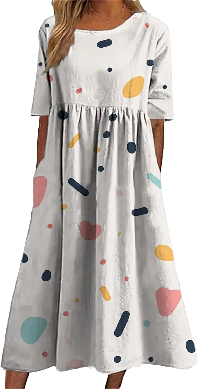 Bengbobar Boho Dress for Women Flowy A Line Midi Dresses Casual Summer Plus Size Polka Dot Vacation Tshirt Dress