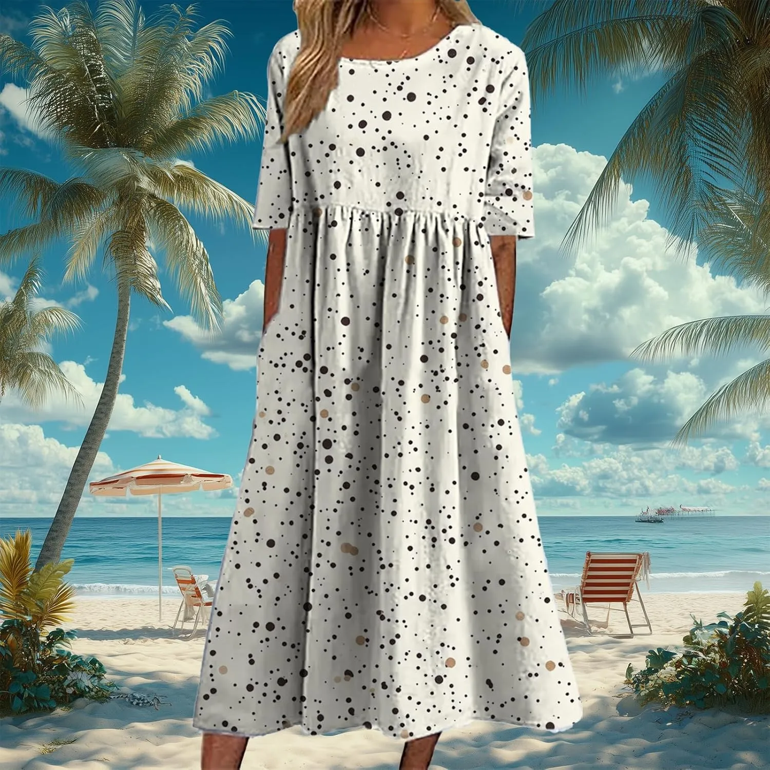 Bengbobar Boho Dress for Women Flowy A Line Midi Dresses Casual Summer Plus Size Polka Dot Vacation Tshirt Dress