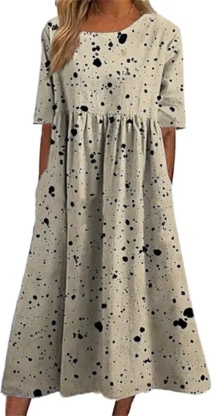 Bengbobar Boho Dress for Women Flowy A Line Midi Dresses Casual Summer Plus Size Polka Dot Vacation Tshirt Dress