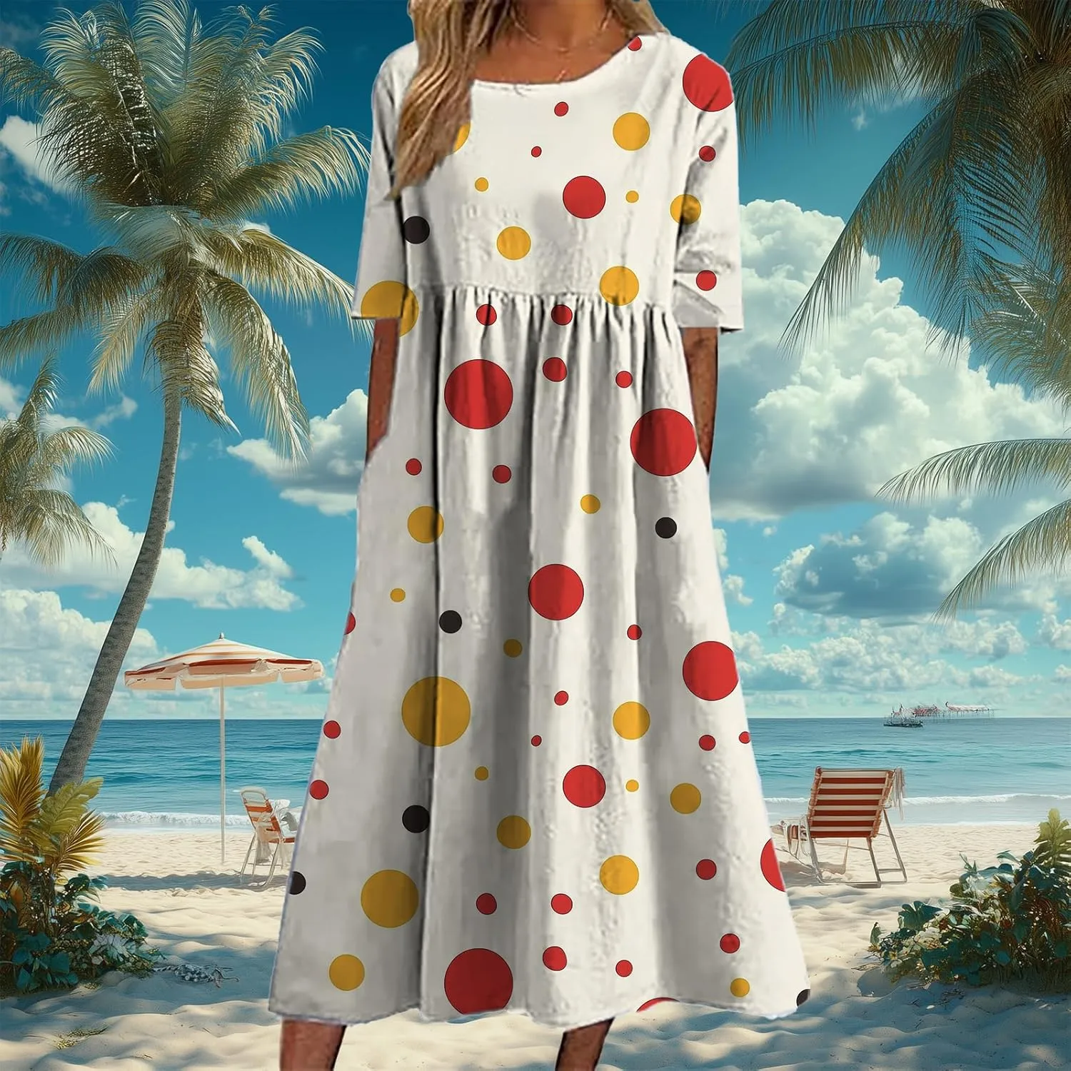 Bengbobar Boho Dress for Women Flowy A Line Midi Dresses Casual Summer Plus Size Polka Dot Vacation Tshirt Dress
