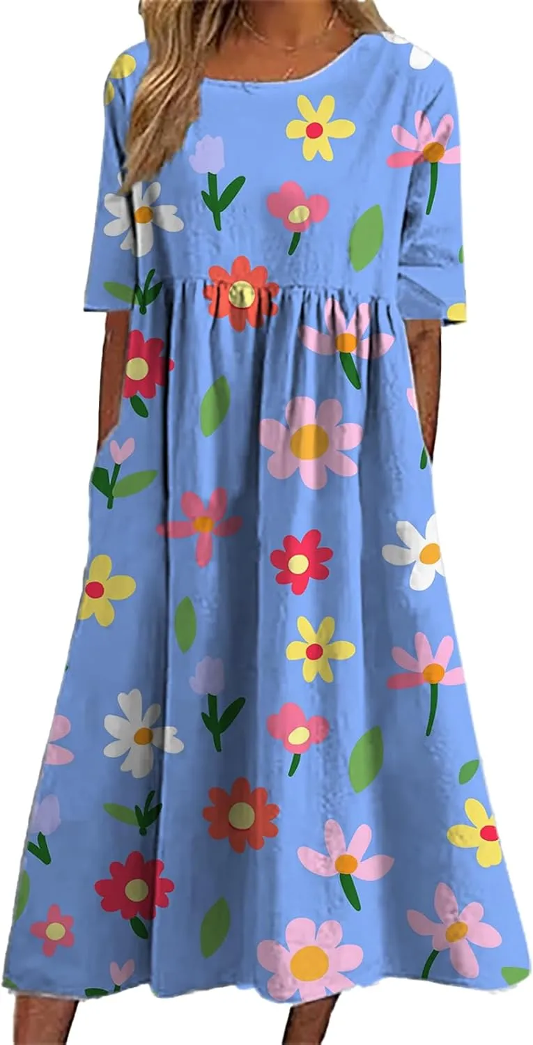 Bengbobar Women's Boho Dress Floral Casual Swing Tshirt Midi Dresses with Pockets Linen Summer Plus Size Short Sleeve Dress