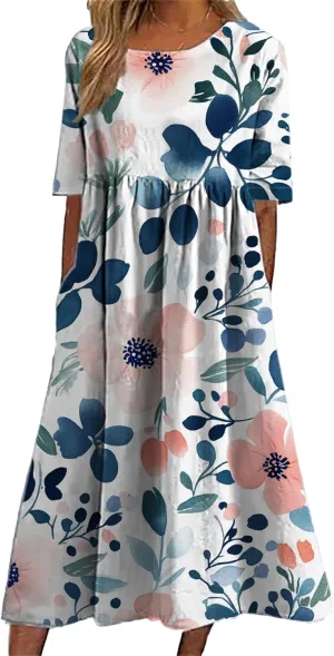 Bengbobar Women's Boho Dress Floral Casual Swing Tshirt Midi Dresses with Pockets Linen Summer Plus Size Short Sleeve Dress