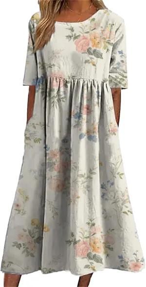 Bengbobar Women's Boho Dress Floral Casual Swing Tshirt Midi Dresses with Pockets Linen Summer Plus Size Short Sleeve Dress