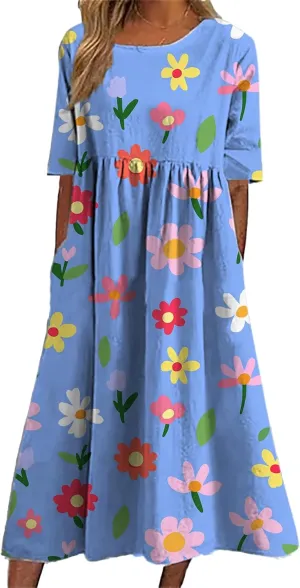 Bengbobar Women's Boho Dress Floral Casual Swing Tshirt Midi Dresses with Pockets Linen Summer Plus Size Short Sleeve Dress