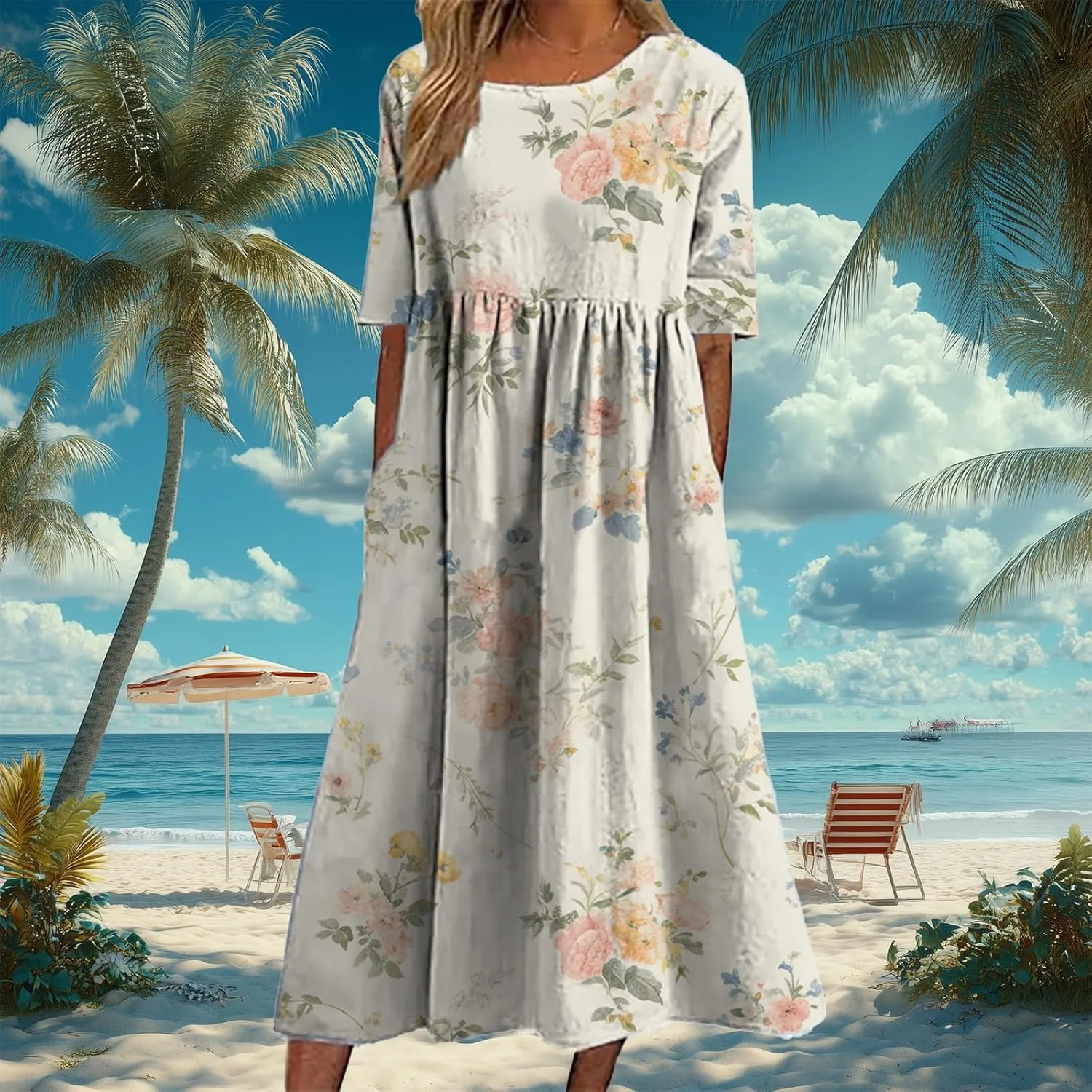 Bengbobar Women's Boho Dress Floral Casual Swing Tshirt Midi Dresses with Pockets Linen Summer Plus Size Short Sleeve Dress