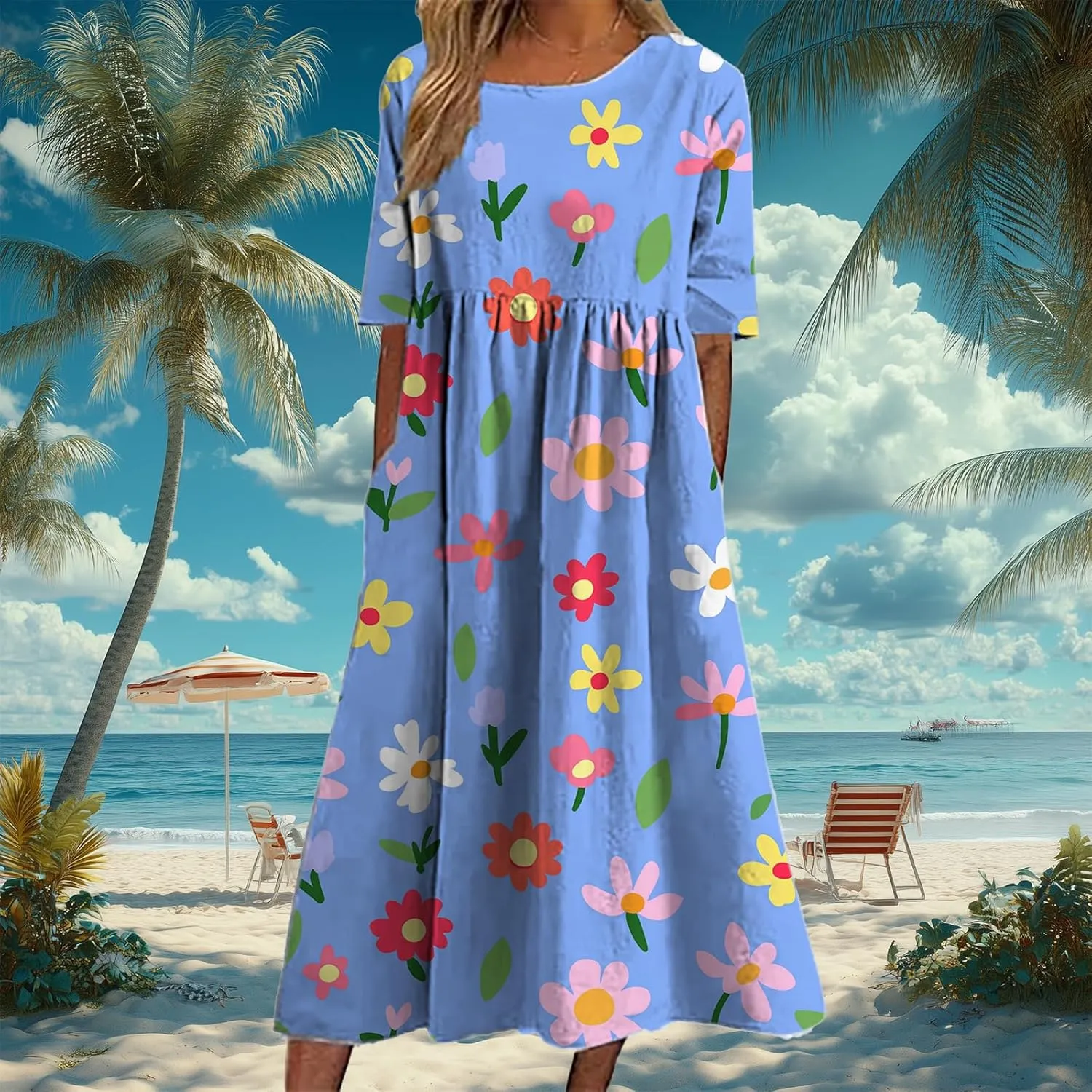 Bengbobar Women's Boho Dress Floral Casual Swing Tshirt Midi Dresses with Pockets Linen Summer Plus Size Short Sleeve Dress