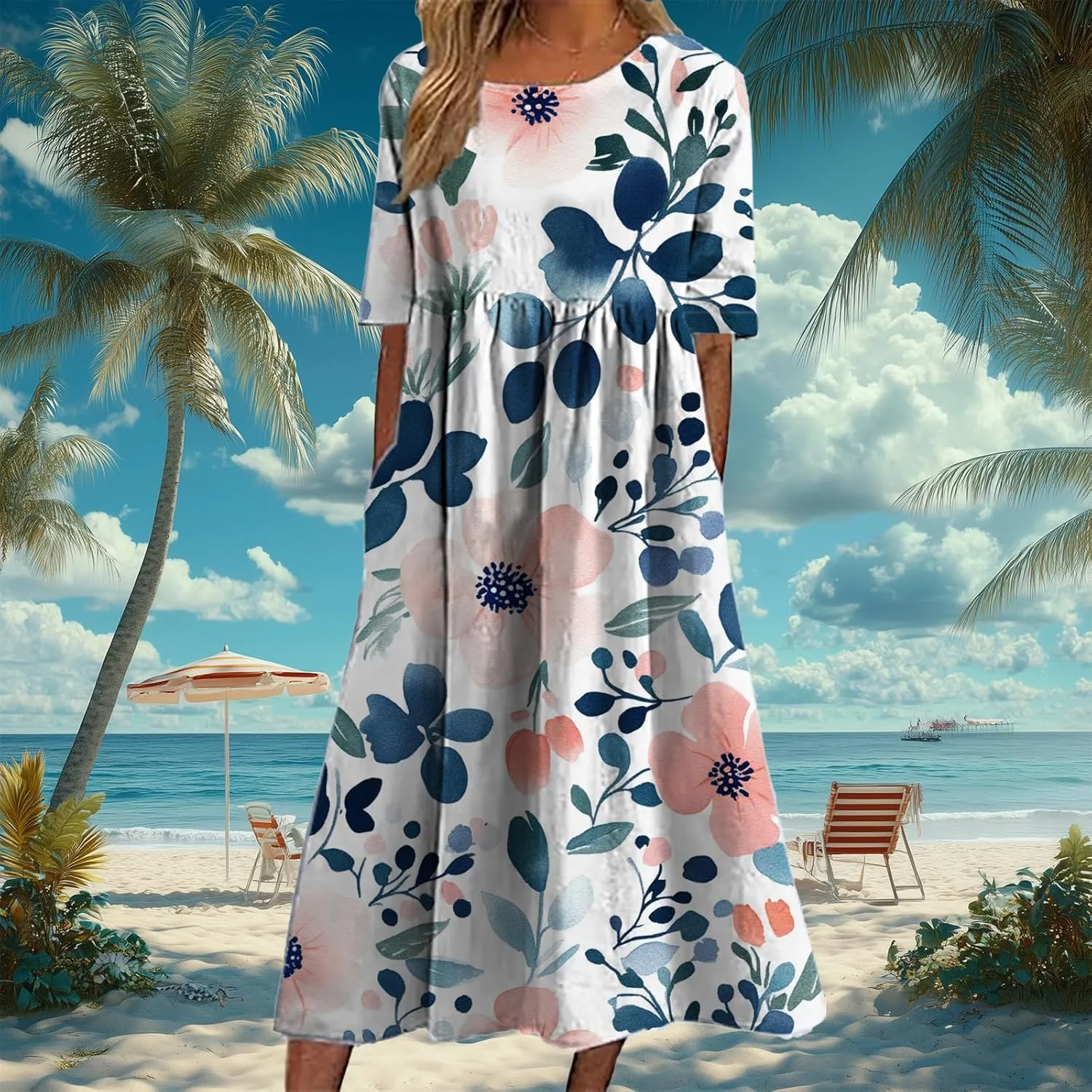 Bengbobar Women's Boho Dress Floral Casual Swing Tshirt Midi Dresses with Pockets Linen Summer Plus Size Short Sleeve Dress