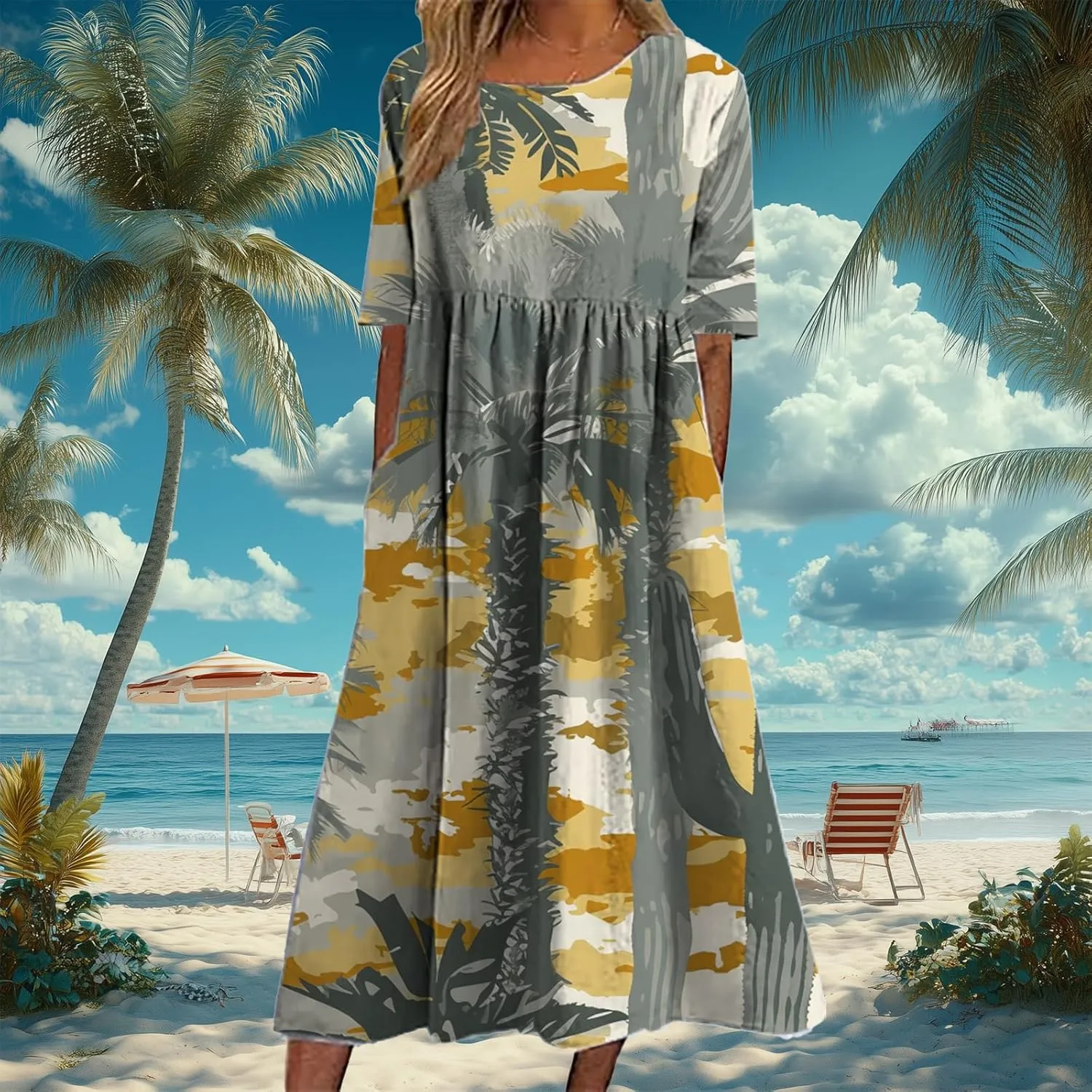 Bengbobar Women's Boho DressFloral Casual Swing Tshirt Midi Dresses with Pockets Linen Summer Plus Size Beach Sundress